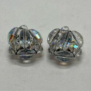 Vintage Aurora Borealis Crystal Cluster Clip On Earrings Iridescent Beads, 3/4"